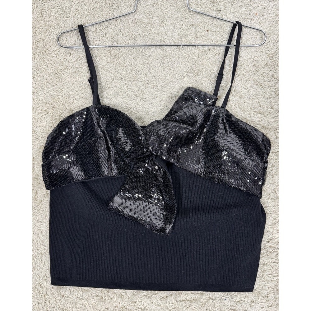 NWT Dolan Anthropologie Left Coast Black Sequin Cropped Bow Sweater Tank‎ Top L